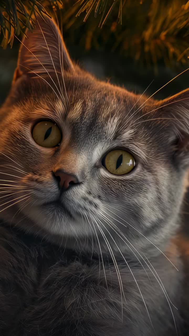 Video verticale: gatto grigio che inclina la testa seguendo un movimento fuori campo in interni, con vibrisse bianche e rami di pino