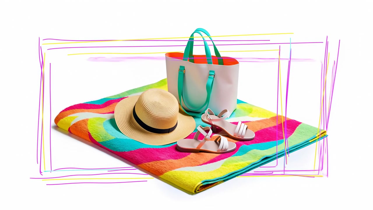 Un cappello di paglia da sole, sandali leggeri e una borsa tote con manici poggiano su un vivace asciugamano a righe contro uno spazio bianco mentre cornici di contorno a strati rosa, gialle e verde acqua si formano attorno al display