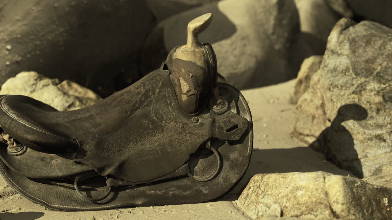 Old leather saddle resting on rocky beach amidst quiet landscape