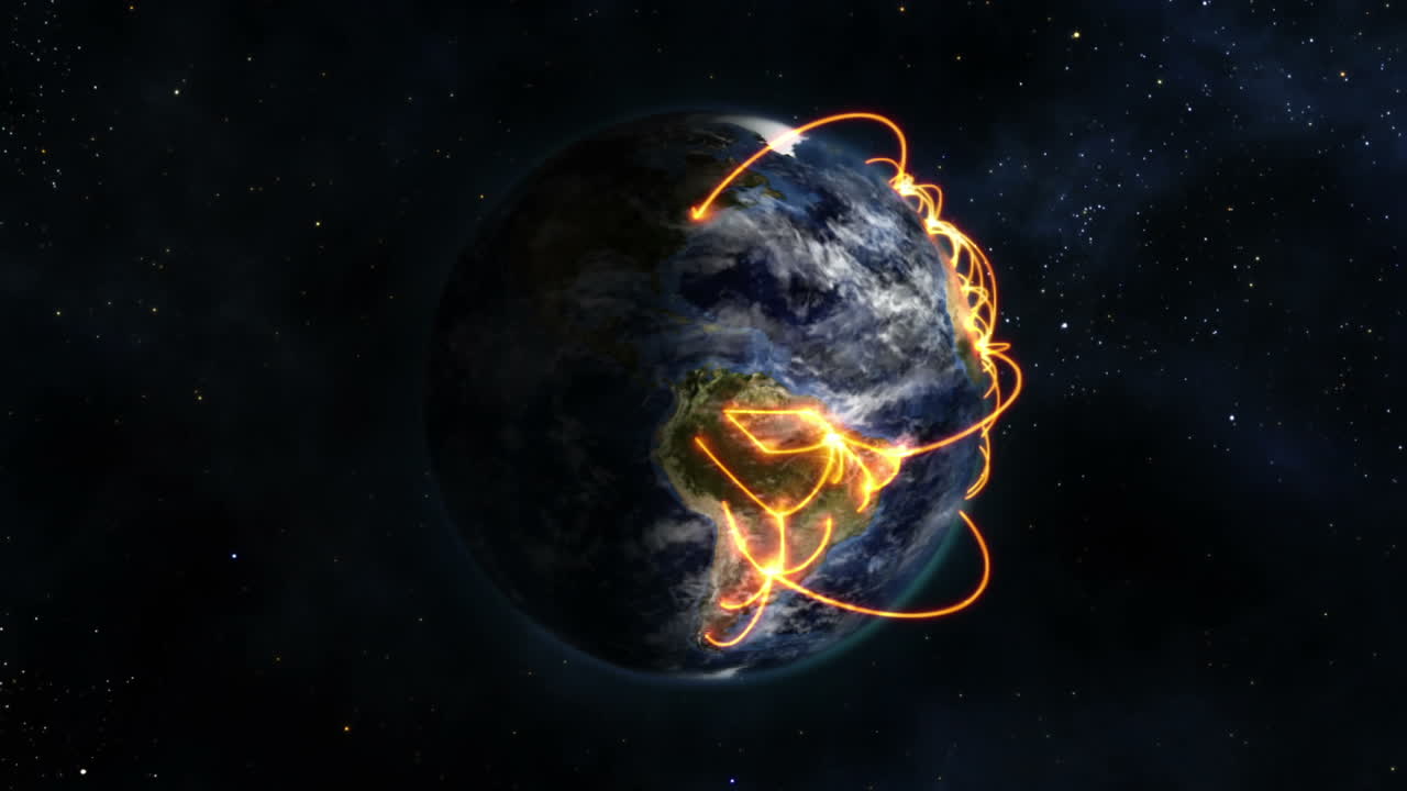 Animated Earth with orange links and clouds, zooming out, image from Nasa.org.