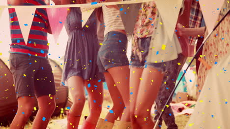 dancing at outdoor festival, people surrounded by colorful confetti and animation