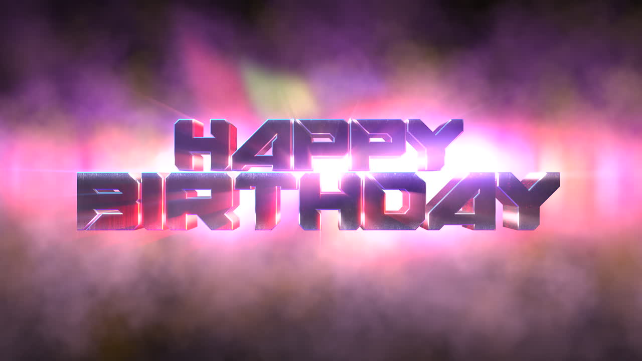 feliz cumpleaños con luz de neón y humo en el escenario