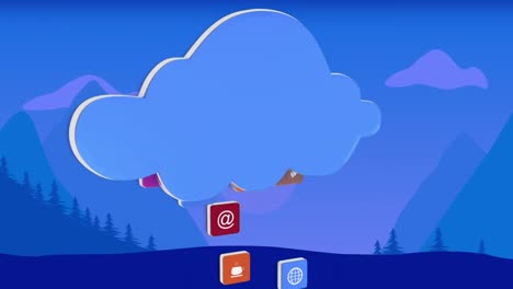 animación de nubes azules e iconos digitales flotando sobre el paisaje