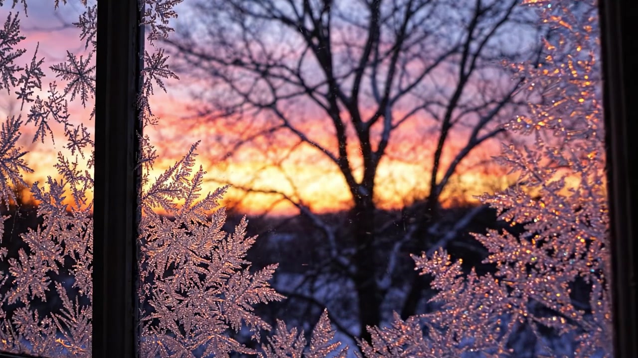 Pôr do sol de inverno deslumbrante emoldurado por vidraças embaçadas: Uma exibição impressionante da arte da natureza em meio a um céu noturno frio