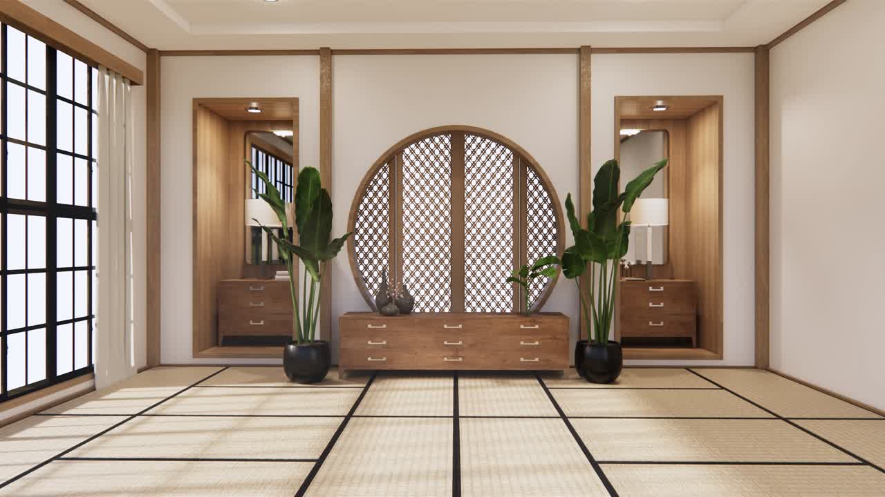 Quarto estilo japonês - zen, designs minimalistas. Renderização 3D