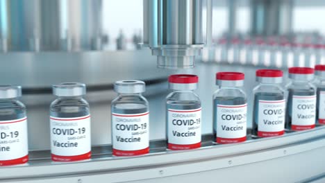mass production of coronavirus covid-19 vaccine with machinery conveyor line