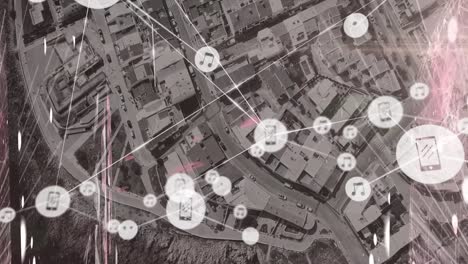 animação de rede de conexões com ícones de mídia sobre a paisagem urbana