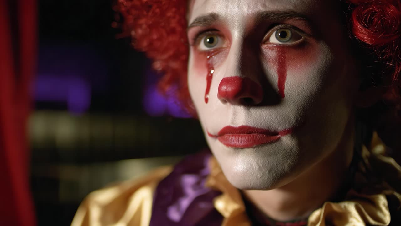 A haunting close-up of a clown revealing deep emotion, with smeared makeup, red tears, and a vibrant yet somber costume, evoking feelings of sadness and introspection