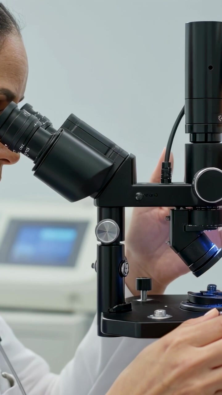 Vertical video: Microscope light turning on at bench, tech in lab coat aligning slide to view cells