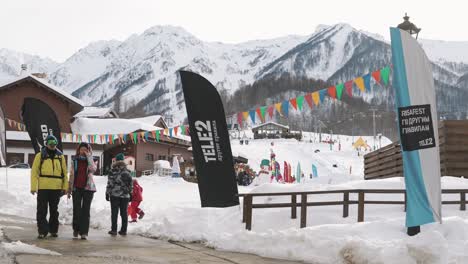 winter ski resort scene with mountain views