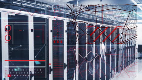 data processing and network connections animation over server room