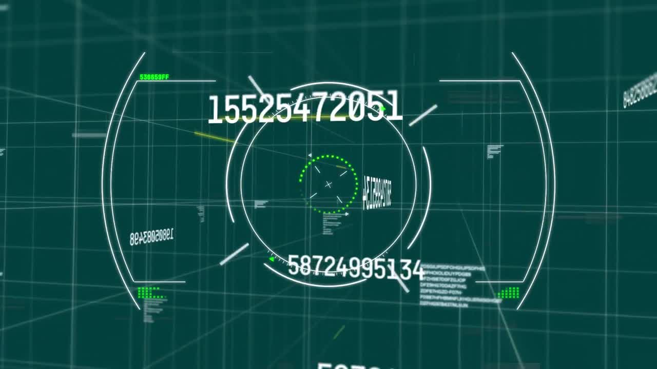 Animation of glitch effect and scope scanning over changing numbers against green background