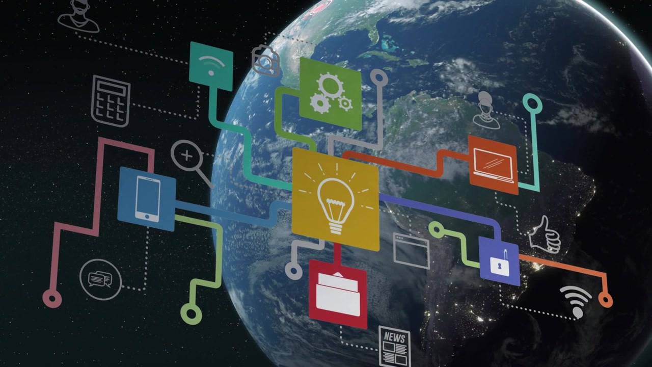 Animation of network of connections with icons and globe on black background