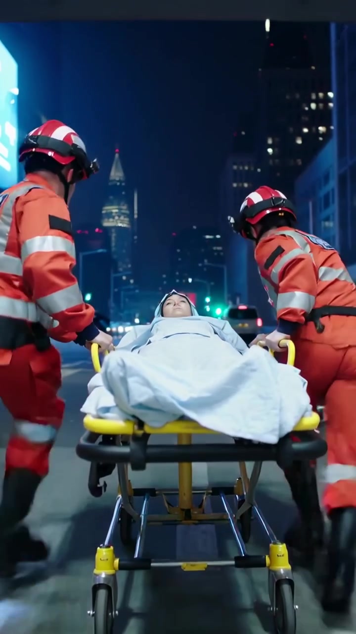 Vertikales Video: Tür öffnet sich, zwei Sanitäter schieben Trage mit Patient von Notaufnahme auf Straße.