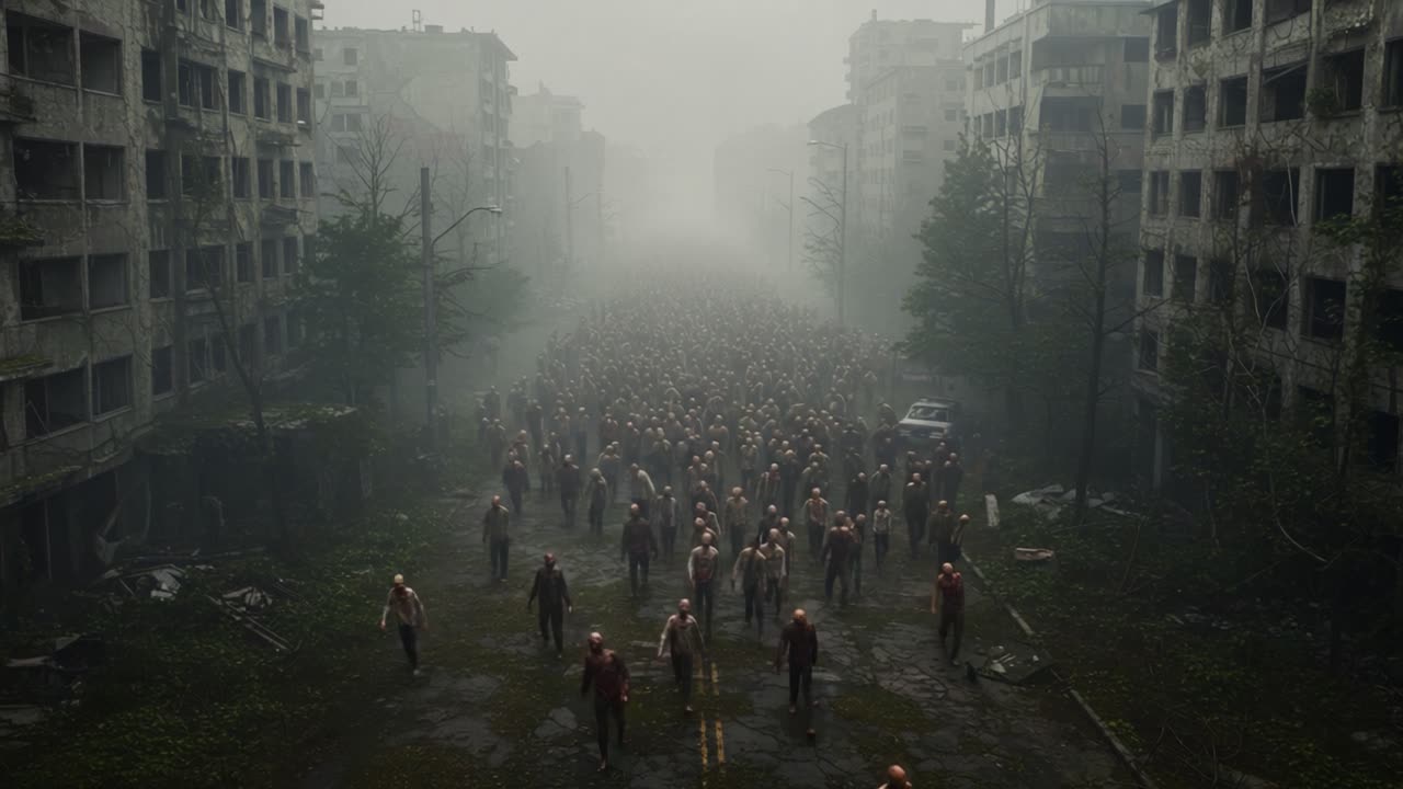 A haunting scene unfolds in a deserted urban landscape, showcasing a massive horde of shadowy figures shrouded in mist, moving purposefully through the eerie silence