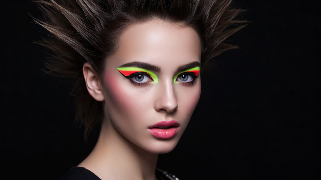 Stunning Close-Up of a Model with Vibrant Neon Makeup and Bold Spiky Hair Against a Dark Background, Showcasing a Unique Fashion Statement in Modern Aesthetics