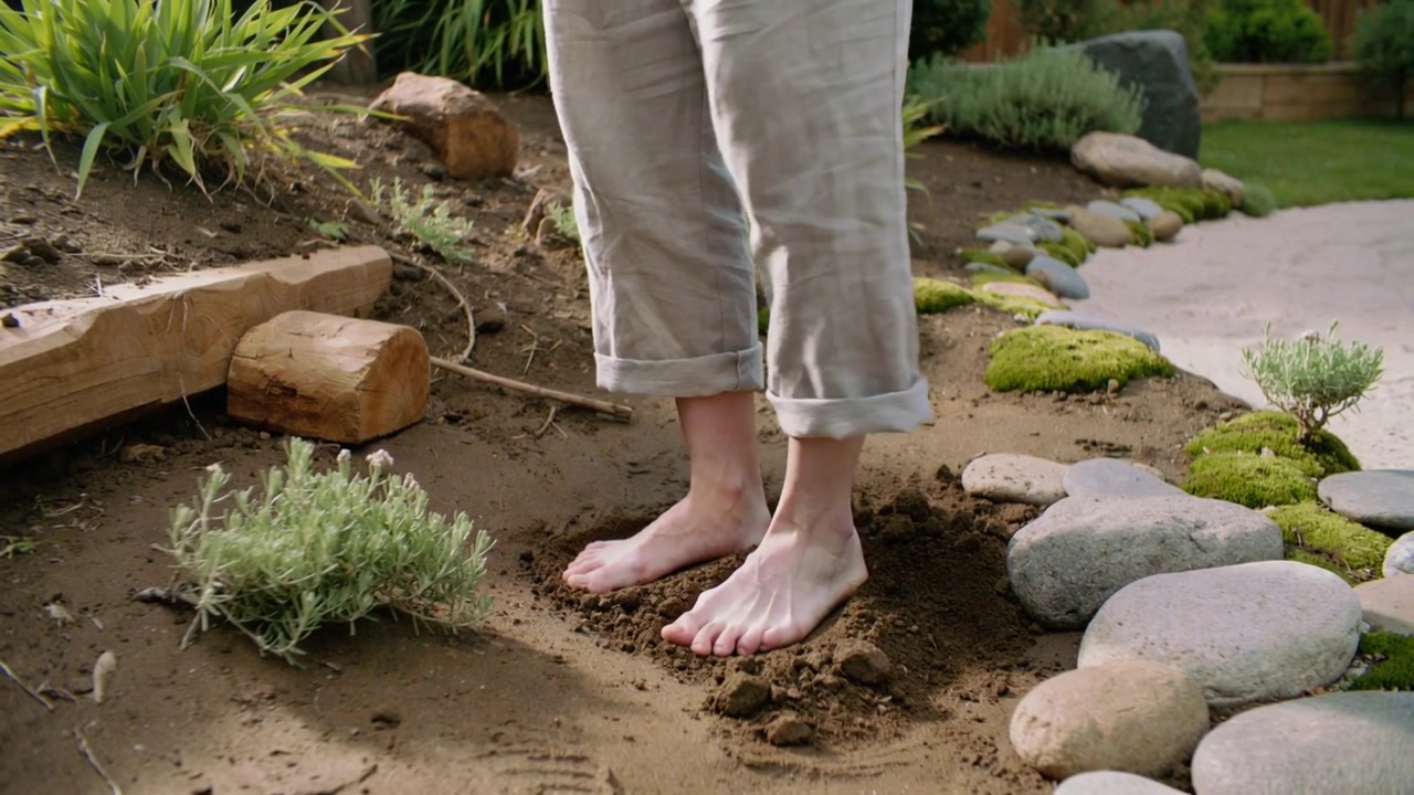 Stepping onto loose soil, person's bare feet and cuffed pants testing garden soil for planting