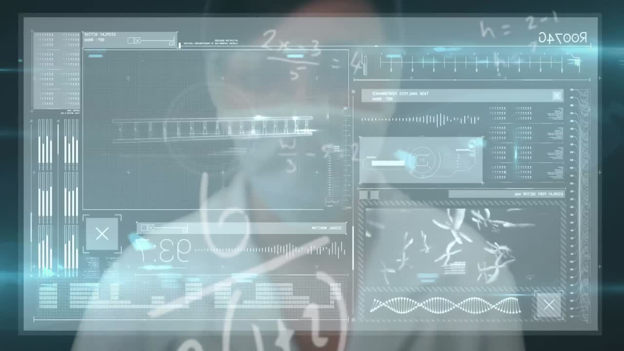 animación de una científica con máscara facial con pantalla táctil con cadena de adn y procesamiento de datos