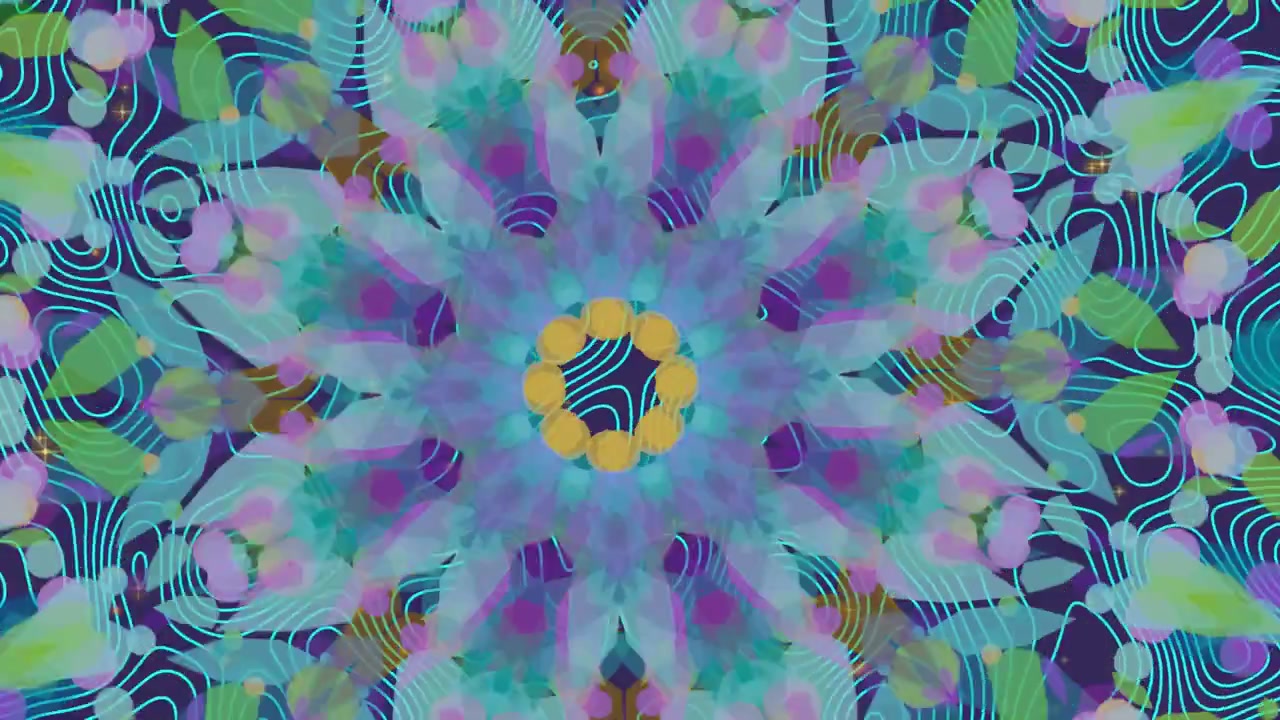 Mandala in espansione che ruota, pulsa e cambia colore su sfondo indaco, mostrando un caleidoscopio.