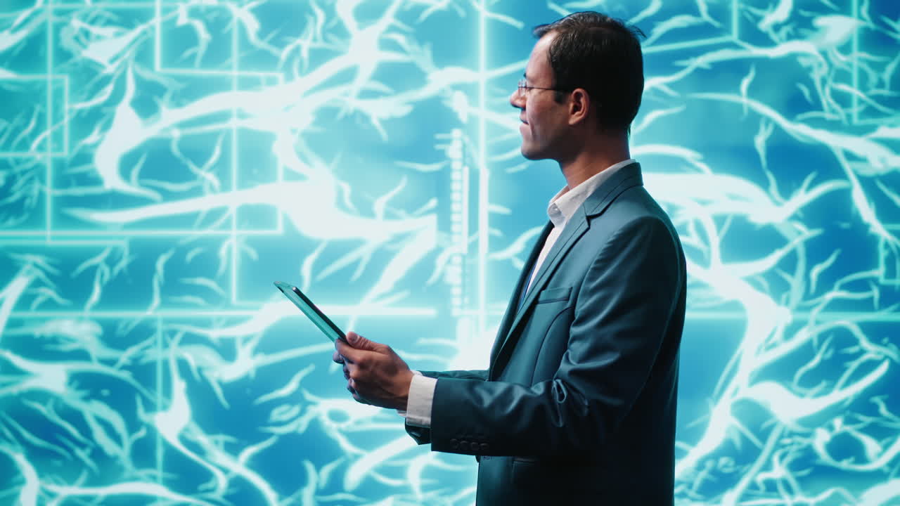 IT specialist coding on tablet, programming artificial intelligence