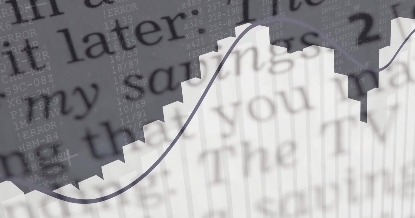 Grayscale showing 3D white bar chart and curved trend line appearing, sweeping, visualizing savings
