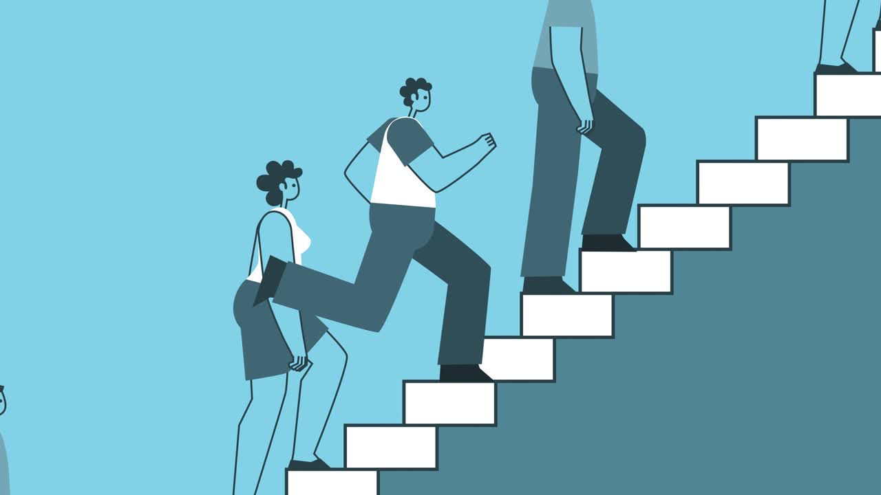 el hombre que sube las escaleras supera a las personas que suben los escalones. conceptos de éxito y crecimiento profesional. diseño plano hombre personaje de dibujos animados bucle aislado animación 2d