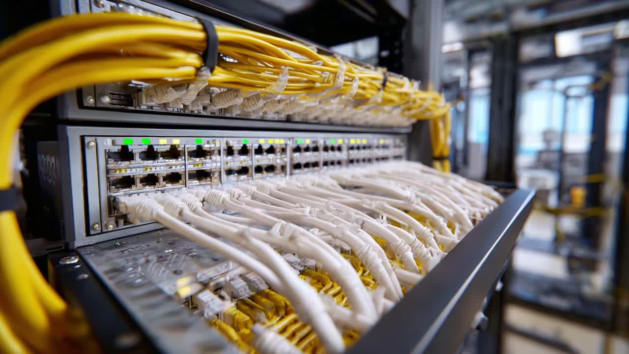 Detailed Exploration of a Network Rack with Fiber Optic and Ethernet Cables Highlighting Connectivity and Infrastructure in a Modern Data Center Environment