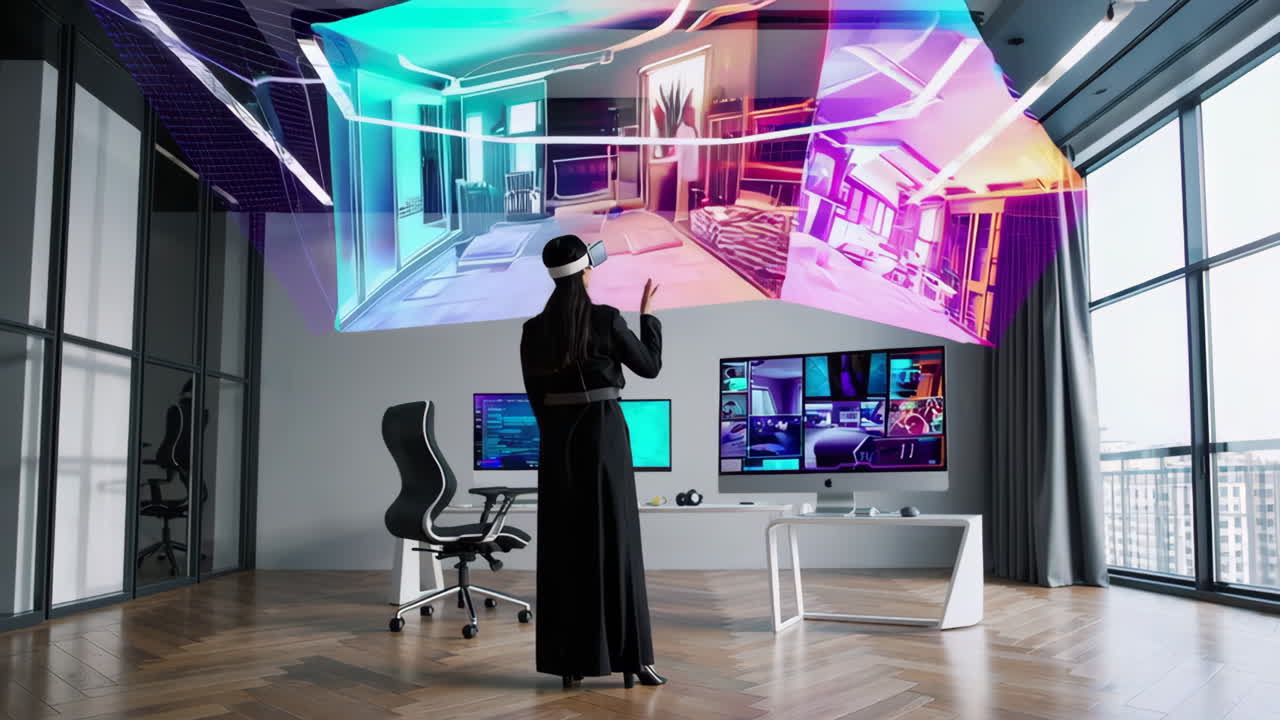 Donna con visori futuristici di realtà virtuale in un ufficio moderno