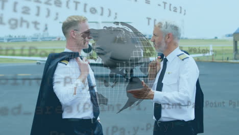 globo giratorio y procesamiento de datos sobre dos pilotos caucásicos hablando mientras caminan por la pista del aeropuerto