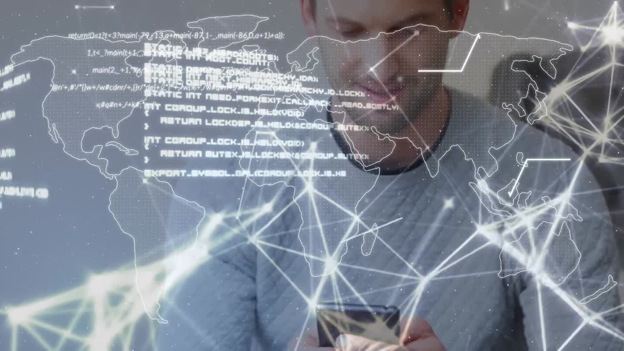 Network of connections over world map against caucasian man using smartphone at home