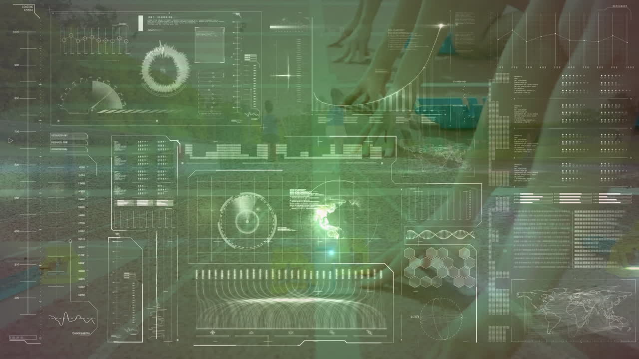 animación del procesamiento de datos en la interfaz digital sobre las mujeres que corren en la pista deportiva