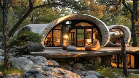 a house in the middle of a wooded area surrounded by trees