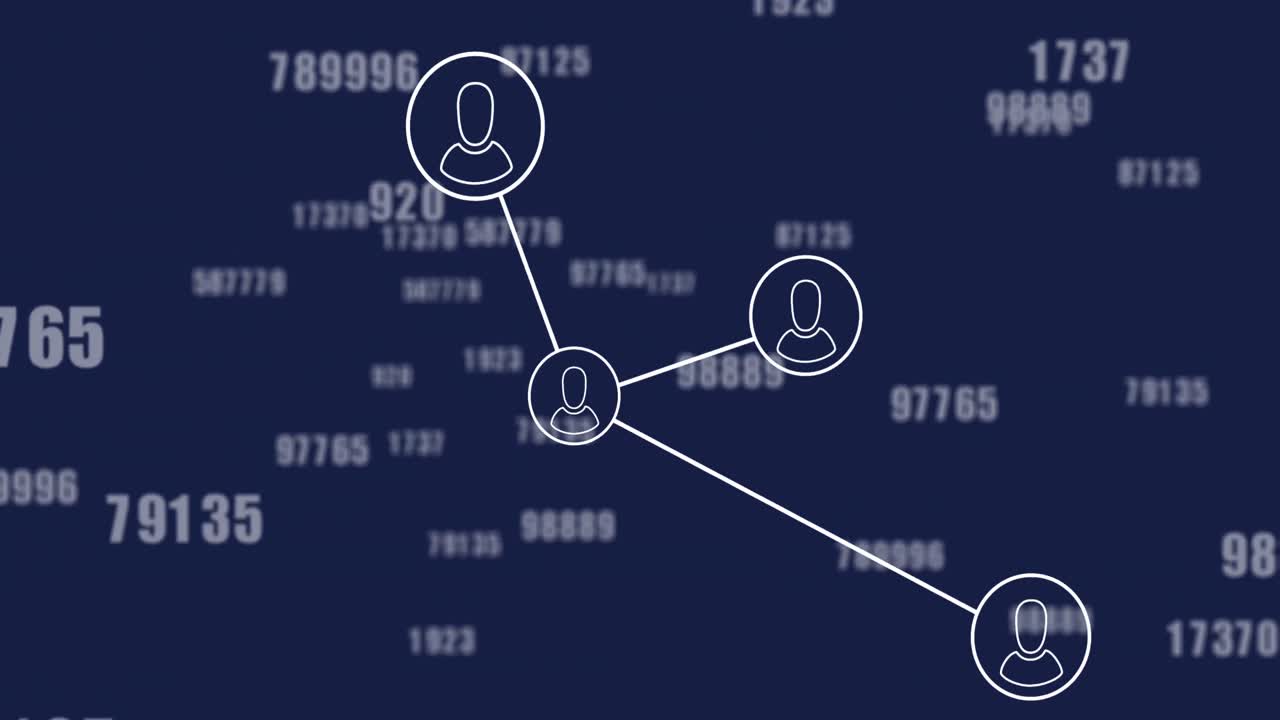 animación de una red de iconos de perfil y múltiples números cambiantes contra un fondo azul.