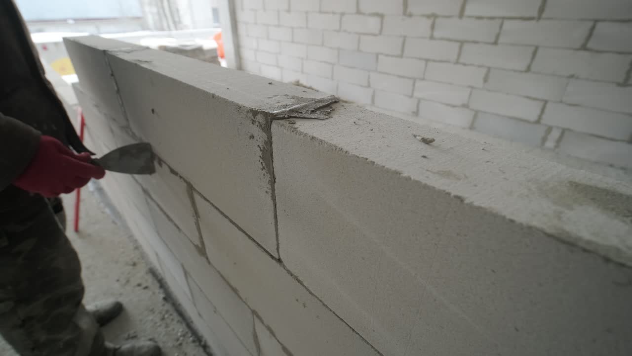 마스터는 도구와 접착 모터로 가스 블록의 벽을 놓는 작업을 수행합니다.