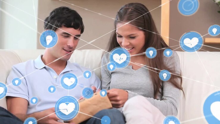 Animação de rede de conexões com ícones sobre casal diverso abrindo presente