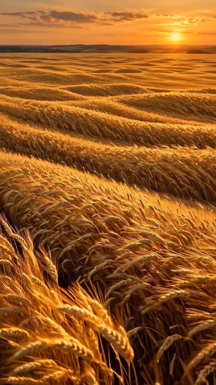Warm sunset light sweeps across mature grain as rows of wheat bend and flow in visible waves, creating layered golden textures beneath scattered clouds and distant low hills.