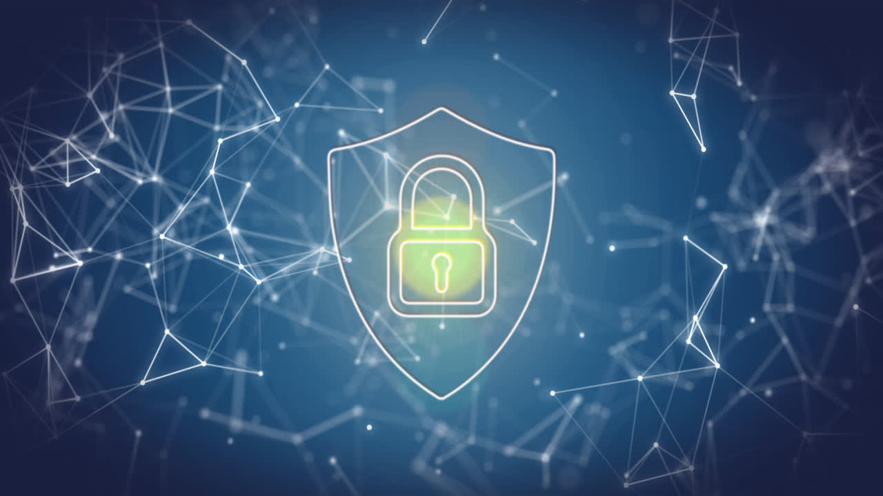 animación de la red de conexiones y procesamiento de datos con icono de candado sobre fondo azul