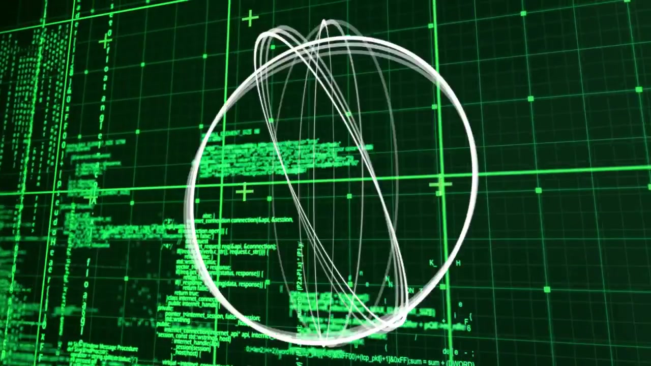 Code scroll starting white wireframe orb rotating, tilting, densifying, visualizing grid telemetry
