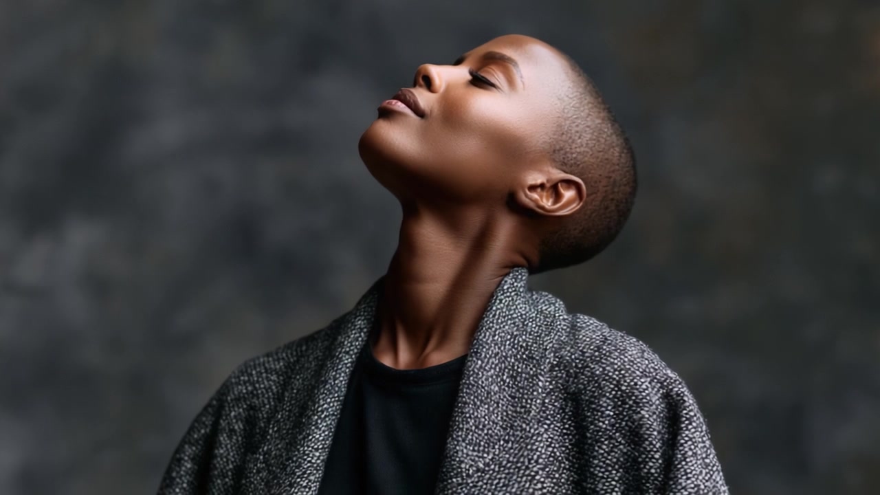 A Majestic Portrait of Poise and Serenity: Capturing the Essence of Confidence in a Fashionable Look with a Reflective and Graceful Expression