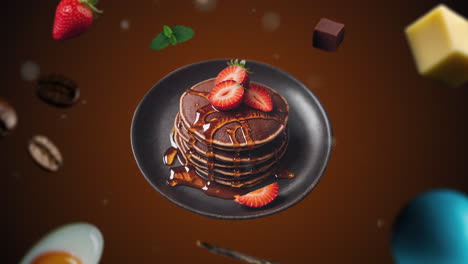 pancake di proteine al cioccolato con miele introduzione animata per pubblicità o marketing su sfondo arancione scuro per ristoranti con gli ingredienti del dessert che volano in aria - aggiungere prezzo o vendita