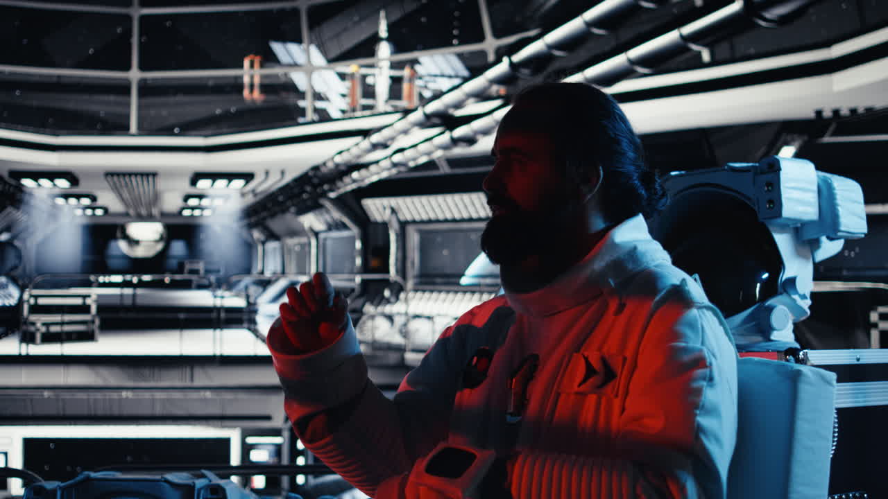 Astronaut shielding eyes from blinding red light flooding cockpit