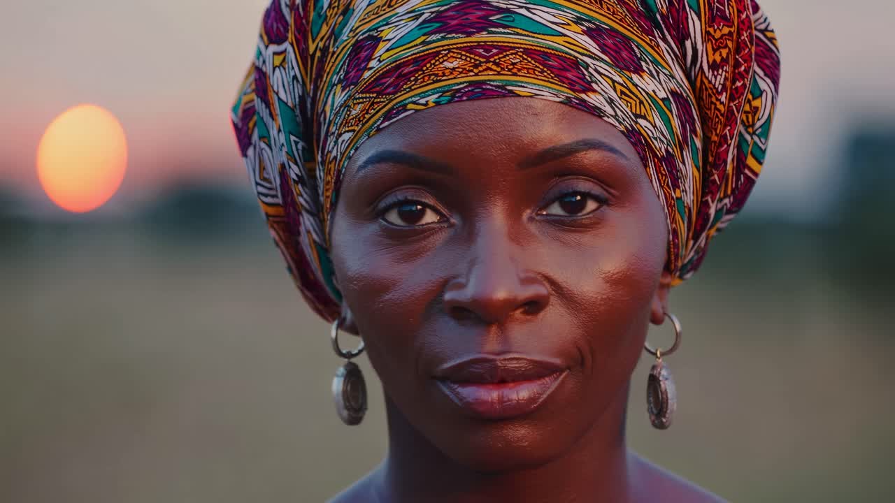 Close-up video shot of a woman in vibrant headwrap at sunset, capturing her serene expression