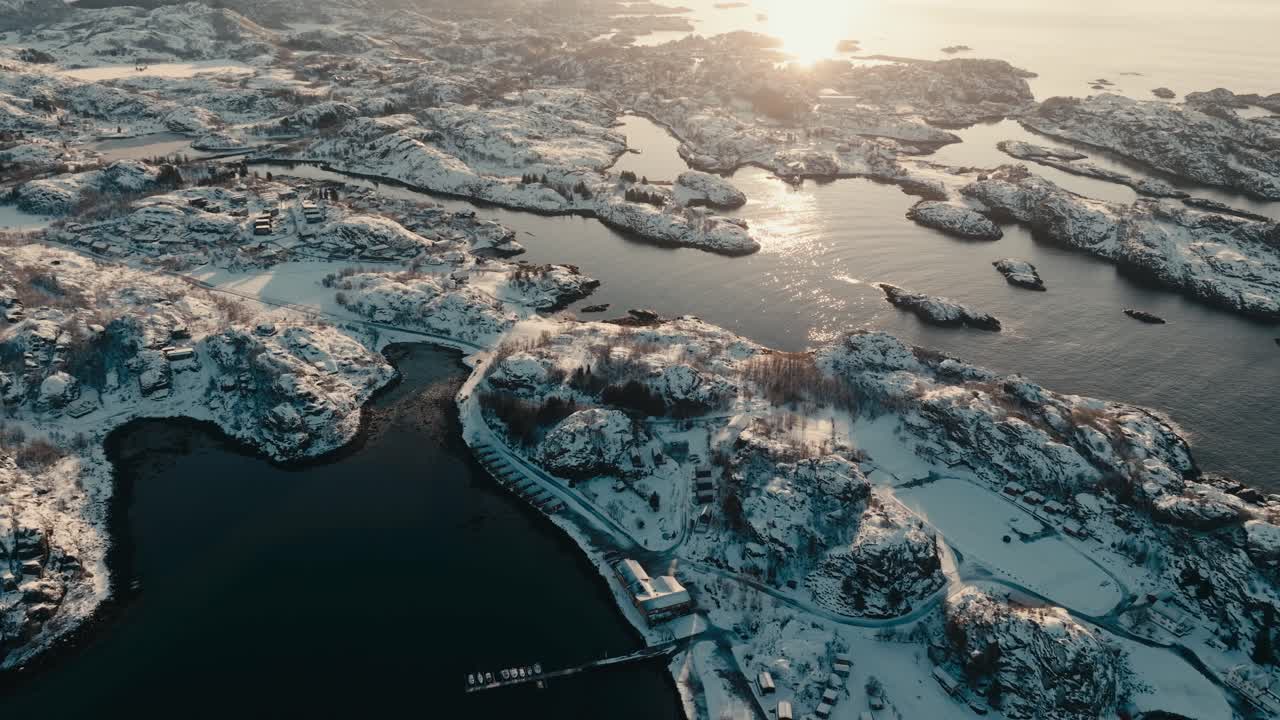 Snow-Covered Winter Landscape Over Skarungen Campsite In Lofoten Islands, Norway. Aerial Drone Shot