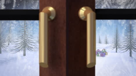 animation of decorated christmas tree and view of snow falling on winter landscape from window