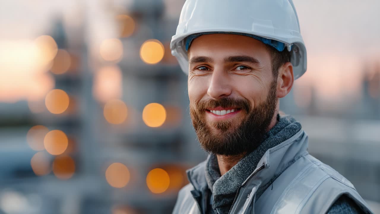 A confident construction worker wearing a helmet and smiling, showcasing pride in his craft against a blurred background of industrial architecture and warm sunset tones