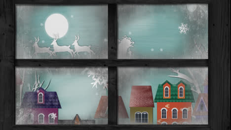 animación de silueta blanca de santa claus en trineo tirado por renos con paisajes de invierno
