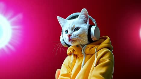 a white cat wearing a yellow hoodie and headphones