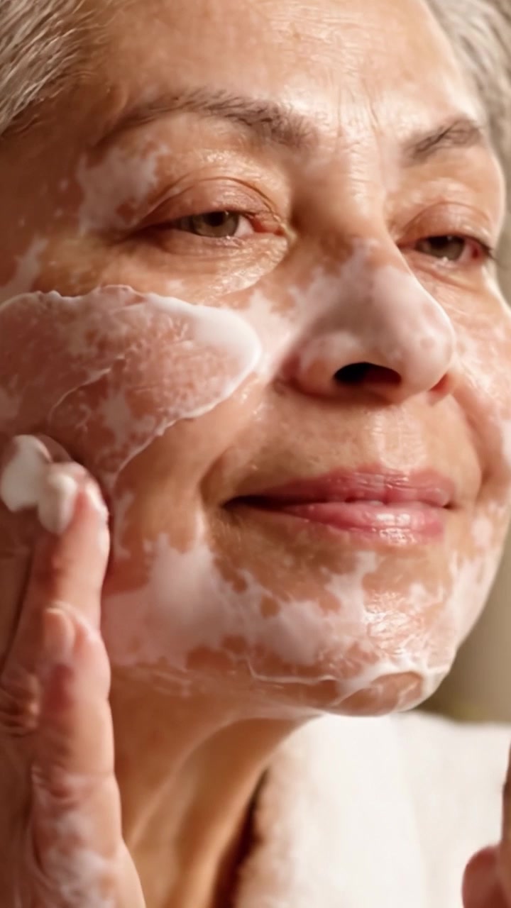 A serene skincare routine highlighting the gentle process of cleansing, showcasing the natural beauty and care for mature skin through washing and rinsing techniques.