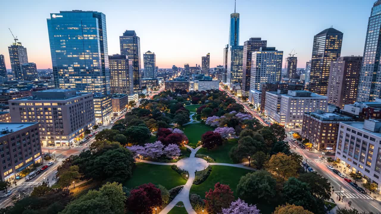 Cityscape with Urban Park at Dusk