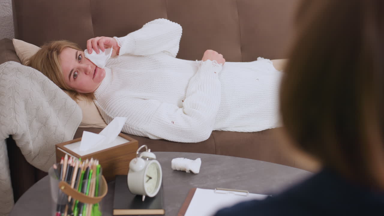 Mindful guest lying on sofa during therapy session wiping tears with tissue while speaking to professional, used tissue on table next to pen pack, clock, and notebook in warm counseling room